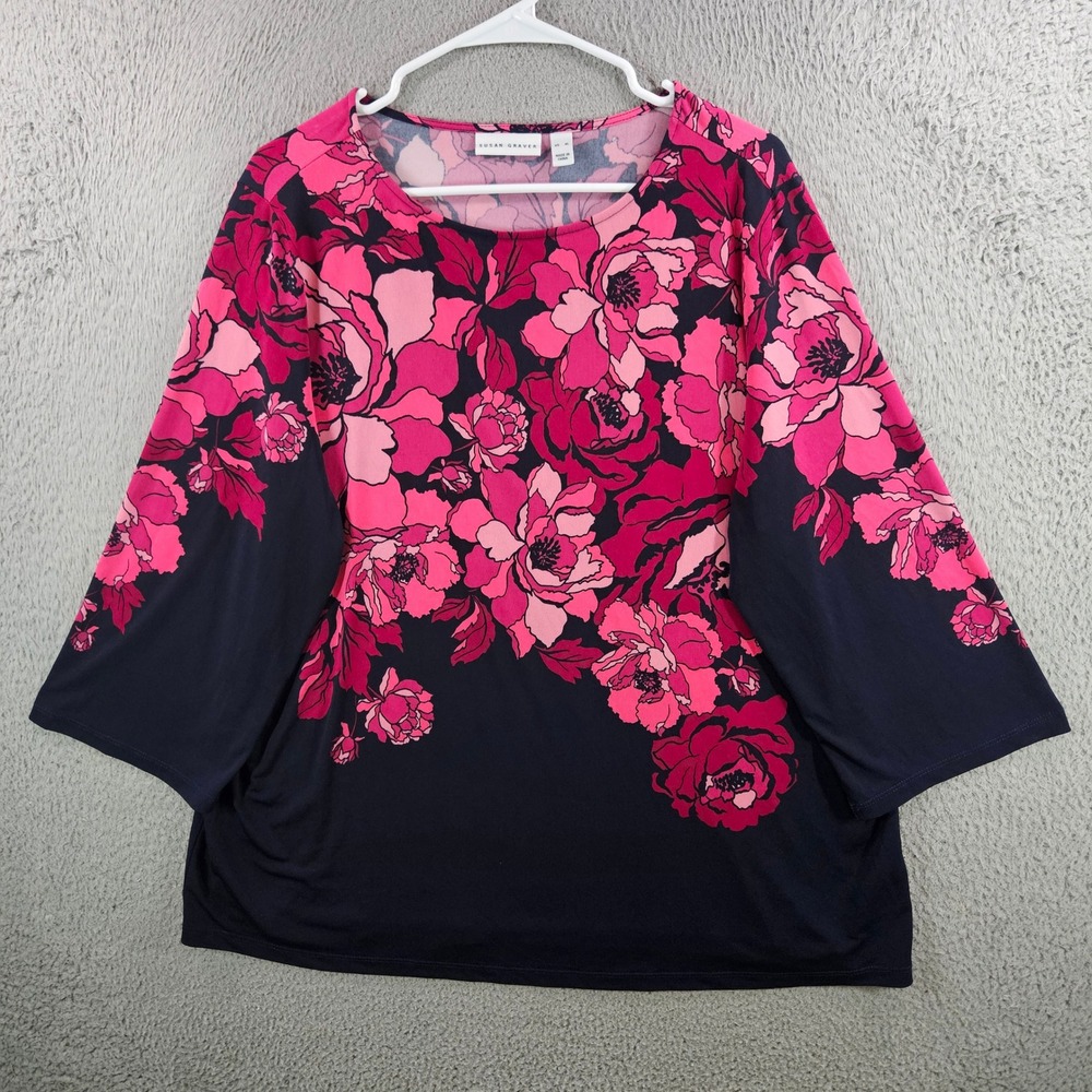 Susan Graver Liquid Knit Floral 3/4 Sleeve Top Navy Pink XL